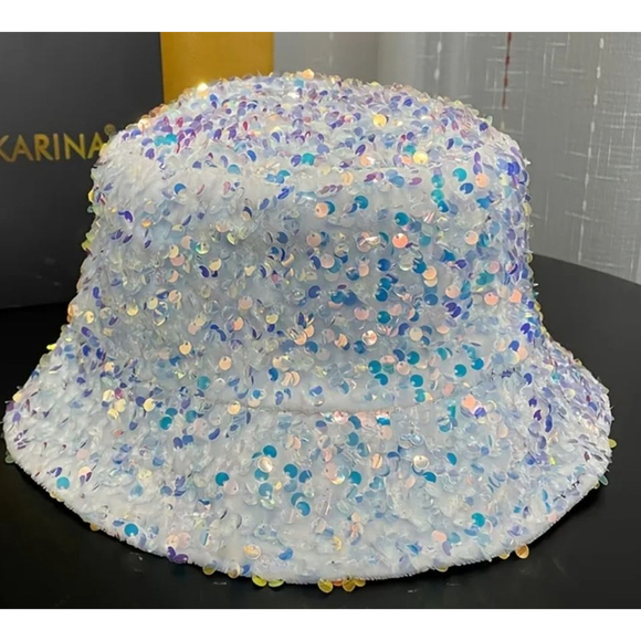 The Bucket is Back Baby! Sparkling Iridescent sequins, white Bucket Hat - Picture 1 of 3